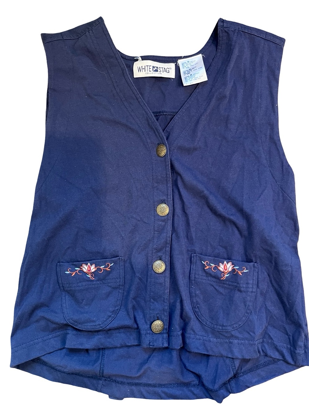 Vintage White Stag Embroidered 90s Button Up Vest Floral Pockets Medium